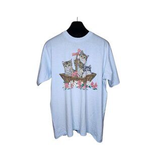 Vintage 80s Tshirt Crazy Cat Lady Womens Size XL Blue Kittens Basket